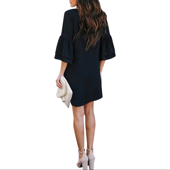 BELONGSCI Women's Dress Sweet & Cute V-Neck Bell Sleeve Shift Dress Mini Dress - Picture 2 of 2